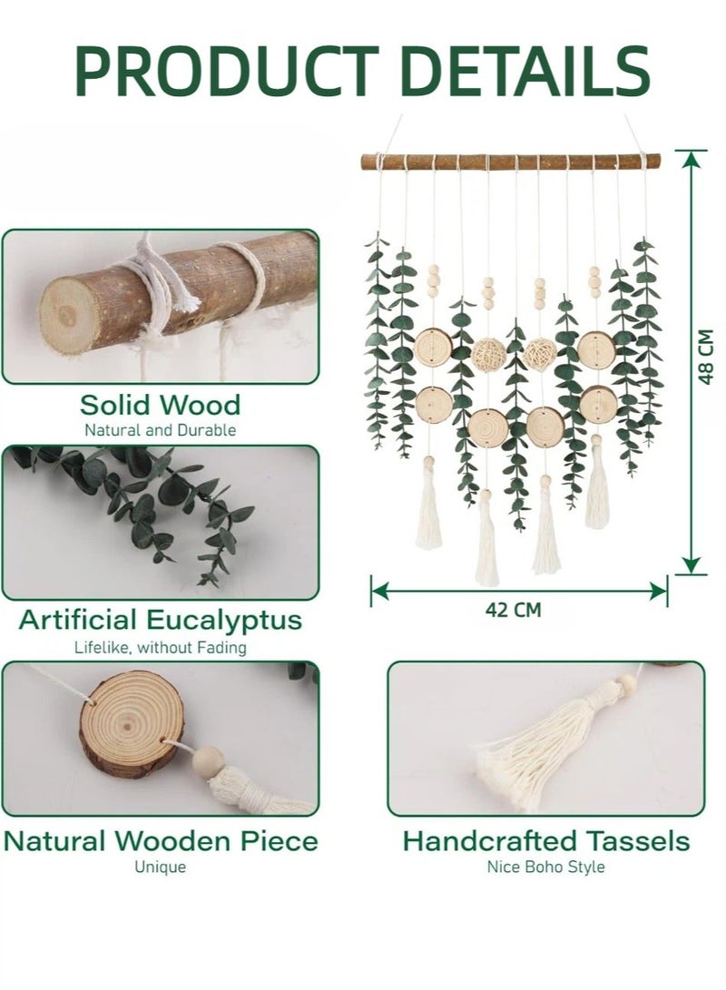 عش الحضري معلق حائطي من المكرميه لعرض الصور، ومنظم لبطاقات الصور وإكسسوارات الشعر مع كرات من الخوص على شكل أوراق، ديكور حائطي يدوي من النباتات الطبيعية على طراز بوهو، هدية - Image 4